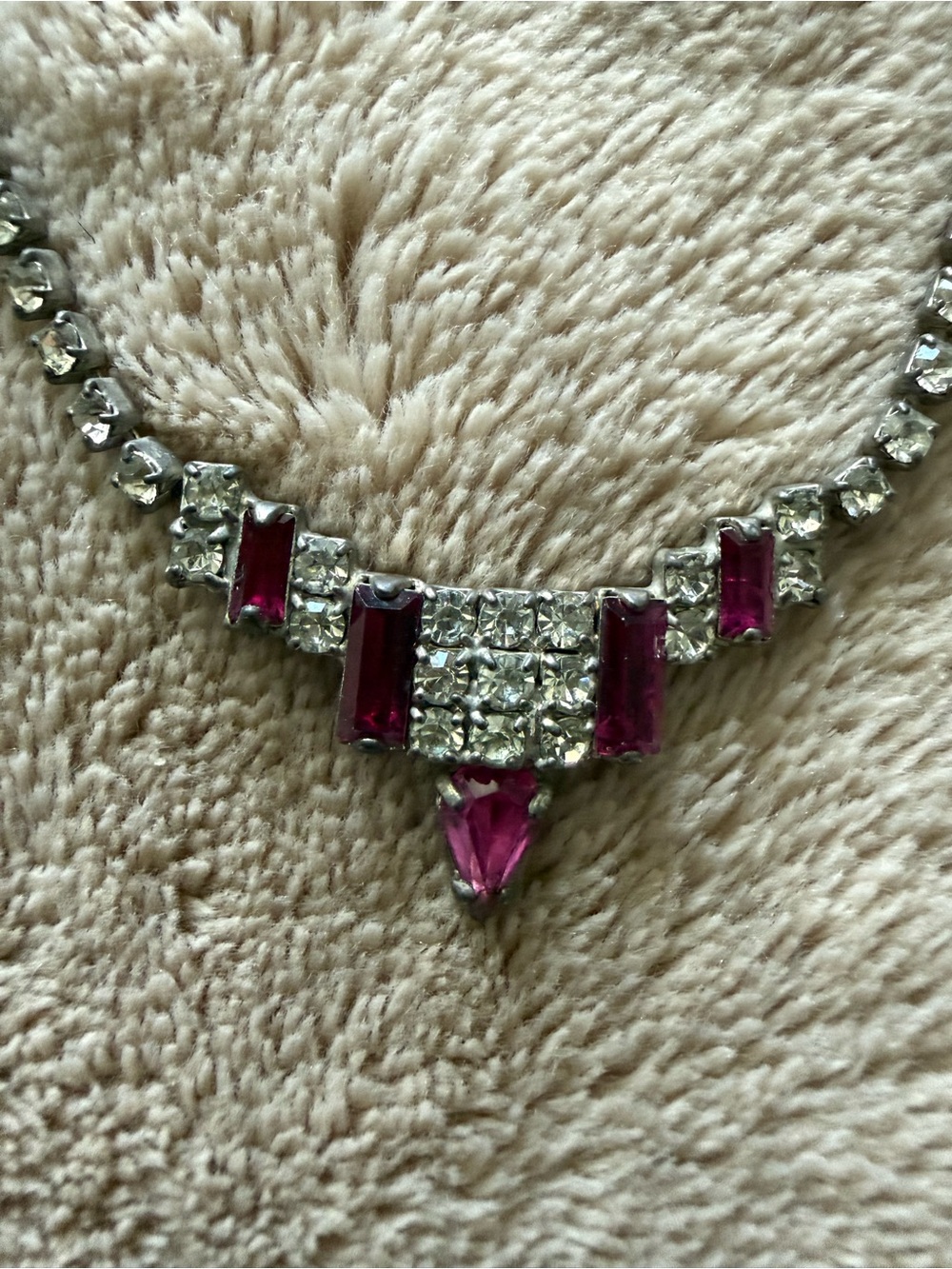 Silver Tone Necklace with Pink Crystal Accents